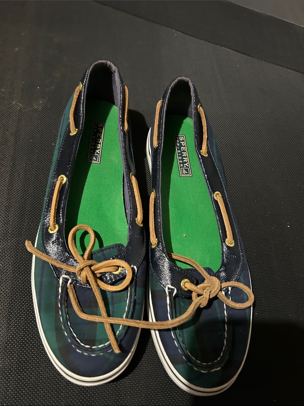 Sperry Navy & Green Plaid Boat Shoes with Tan Laces